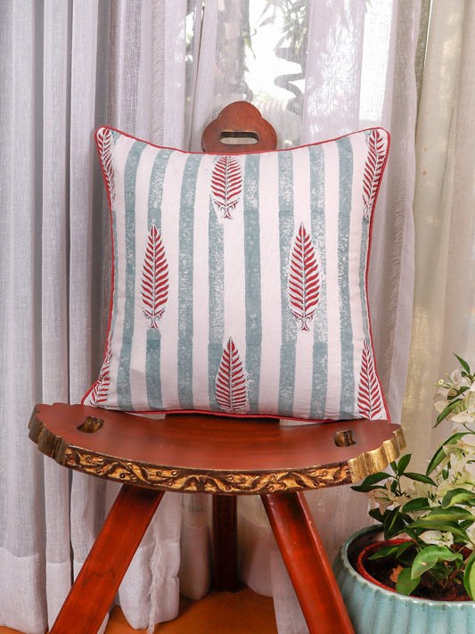 Hand Embroidered Luxe Collection Cushion Cover | Block Printed, and Cord Piping Off White - 16x16 Inches
