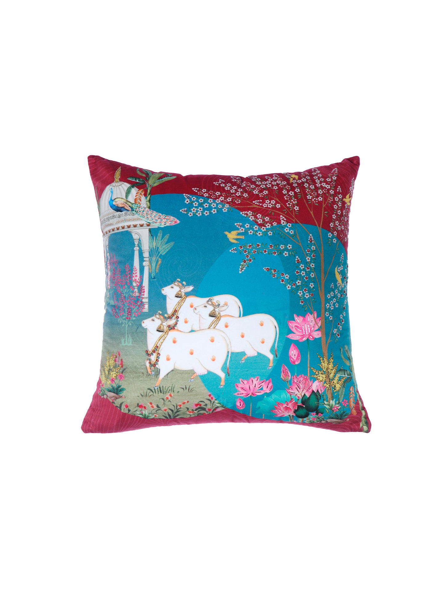 Pichwai Collection of Hand Embroidered Cushion Covers | Cow, Trees Multicolor, Velvet 18 inches X 18 inches, 12 inches X 22 inches (Set of 2)