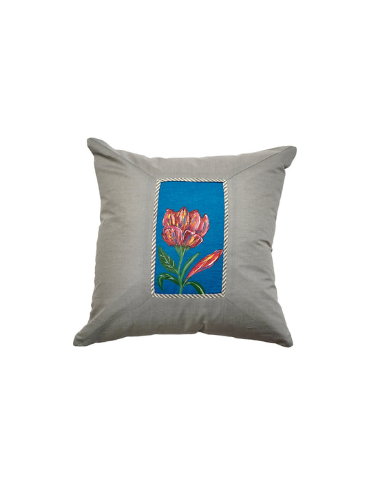 Multicolor Linen Cushion Cover- Hand Painted Design with Patchwork & Piping – 16x16 inches, set of 1