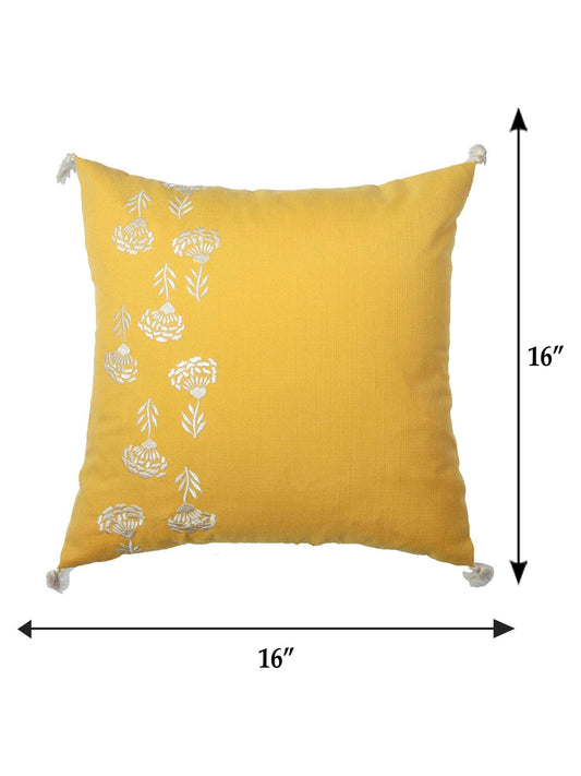 Cushion Cover for Sofa, Bed | PolyCanvas with Tassels | Floral Embroidery | Yellow - 16x16in(40x40cm) (Pack of 1)