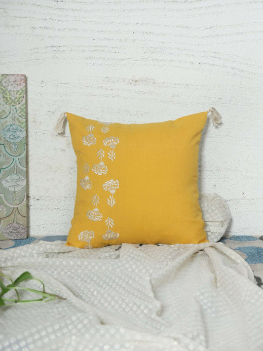 Cushion Cover for Sofa, Bed | PolyCanvas with Tassels | Floral Embroidery | Yellow - 16x16in(40x40cm) (Pack of 1)