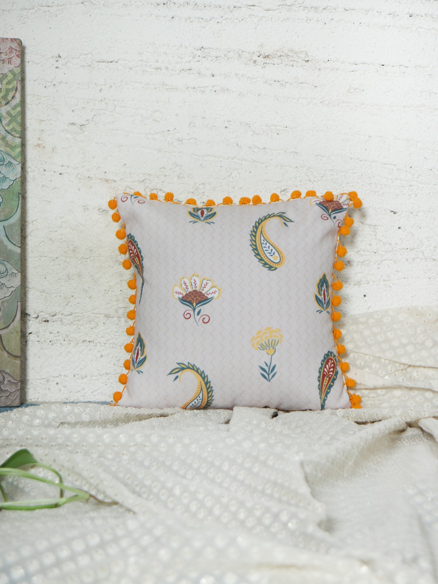 Cushion Cover for Sofa, Bed | PolyCanvas with Floral Prints & Pompoms | Off White - 12x12in(30x30cm) (Pack of 1)