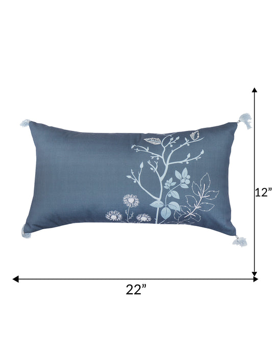 Cushion Cover for Sofa, Bed | PolyCanvas with Floral Print & Tassels | Blue - 12x22in(30x56cm) (Pack of 1)