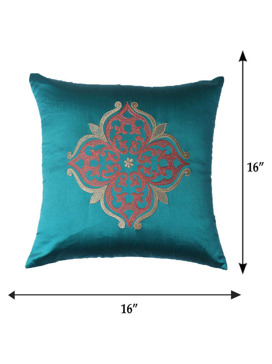 Cushion Cover for Sofa, Bed | Polyester | Motif Embroidery | Teal - 16x16in(40x40cm) (Pack of 1)