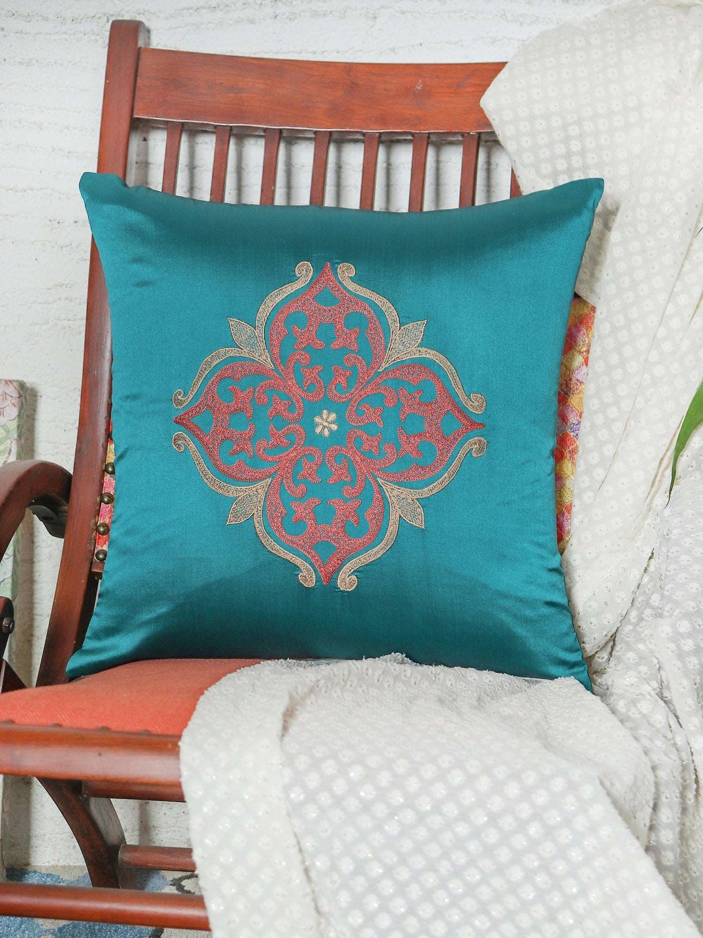 Cushion Cover for Sofa, Bed | Polyester | Motif Embroidery | Teal - 16x16in(40x40cm) (Pack of 1)