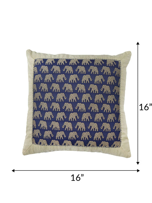 Cushion Cover for Sofa, Bed Brocade Silk with Elephant  Motif and Border Patchwork | Blue - 16x16in(40x40cm) (Pack of 1)