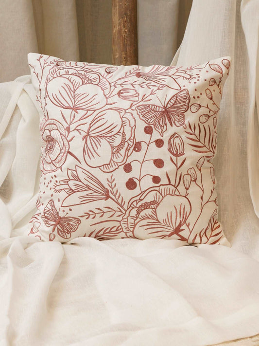 Cushion Cover Cotton Blend Floral Embroidery Pink - 18" X 18"