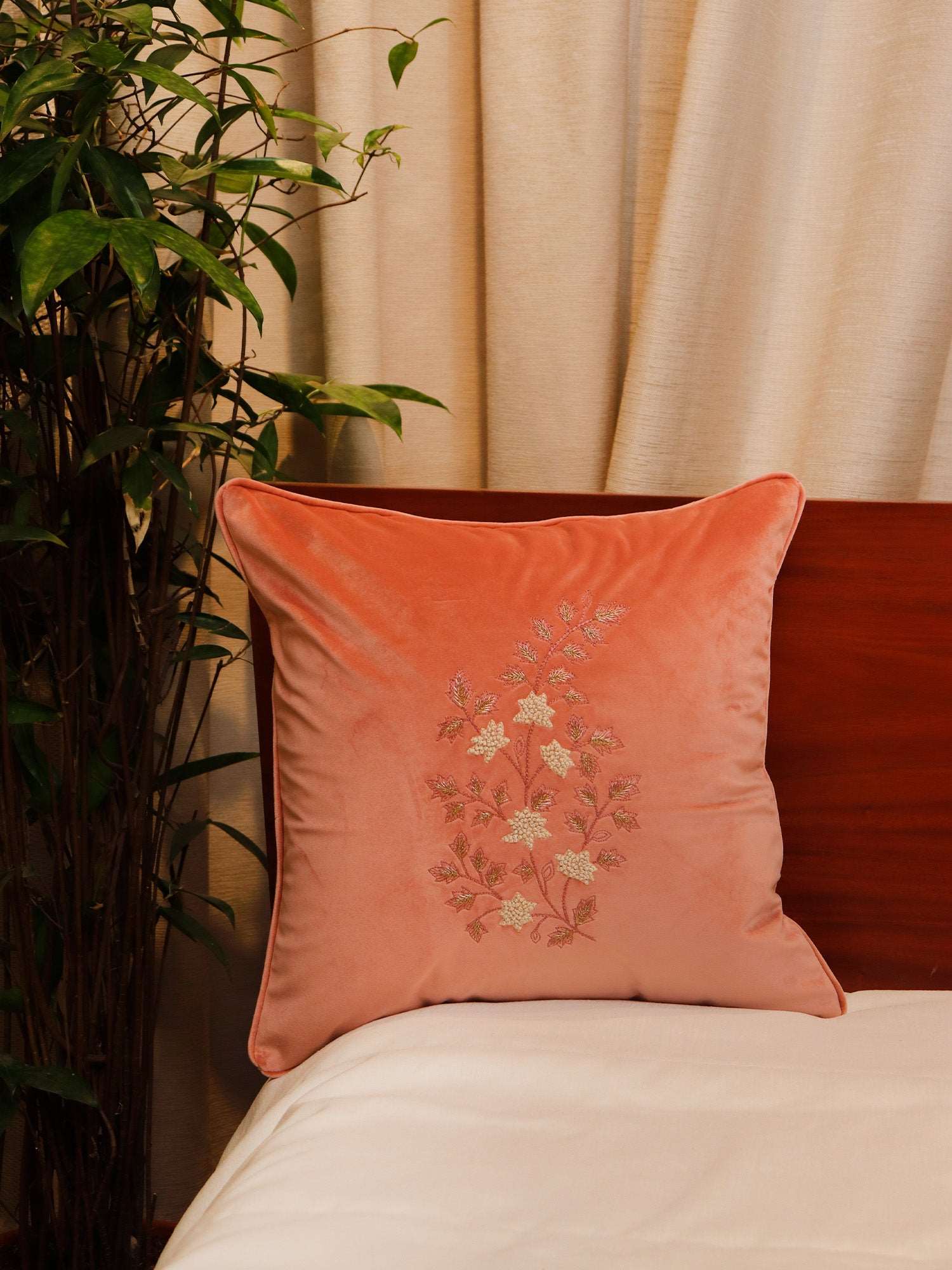 Cushion Cover Embroidered Flower Velvet Multi - 16"x16"