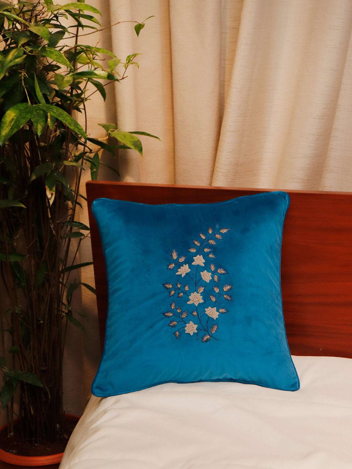 Cushion Cover Embroidered Flower Velvet Multi - 16"x16"