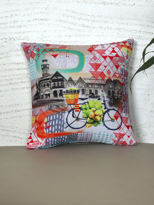 Cushion Cover with Vintage Mumbai Print - Polycanvas | Multicolor - 16x16in