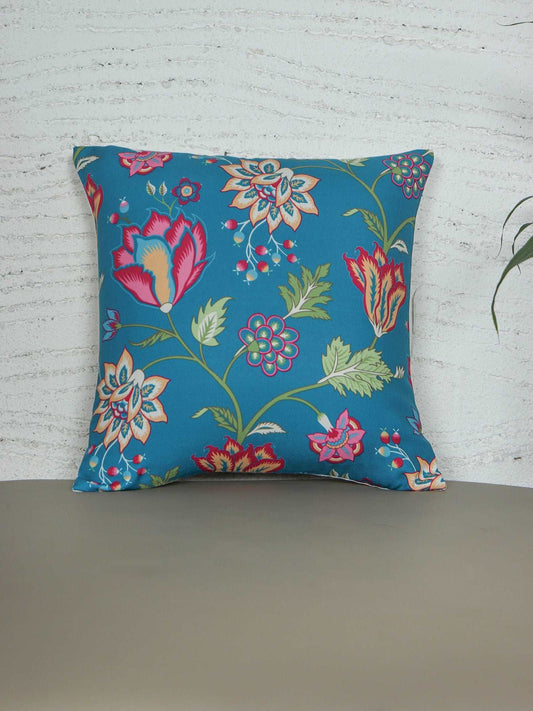 Cushion Cover for Sofa, Bed | Floral Print - Polycanvas | Teal Blue - 16x16in