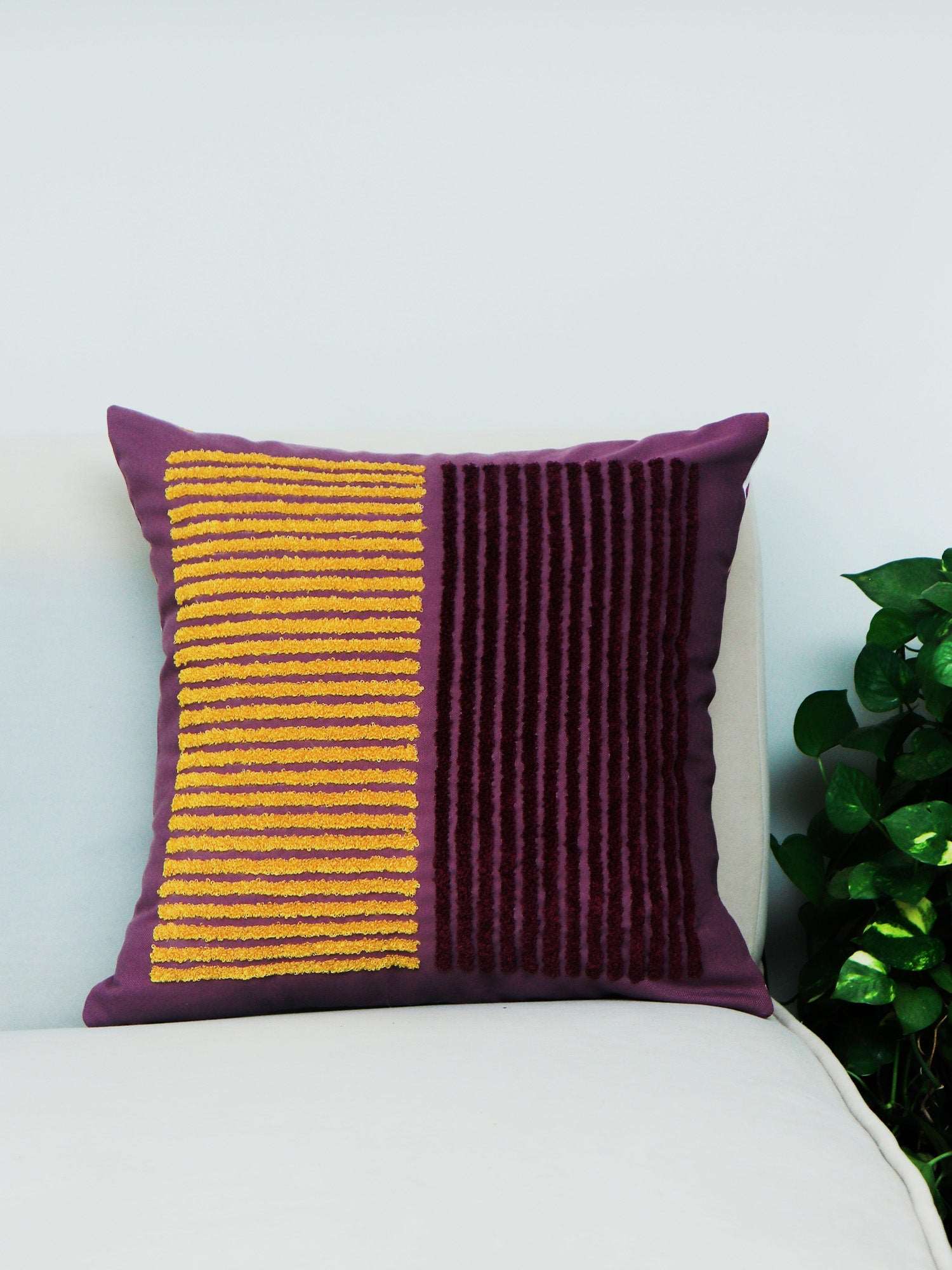 Cushion Cover Cotton Blend Digital print With Embroidered Purple - 16"X16"
