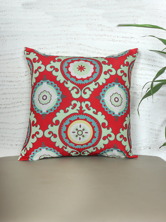 Cushion Cover with Embroidery Highlights on Motif Print - Polycanvas | Red - 20x20in
