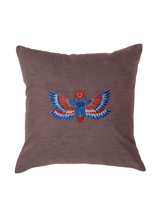 Cushion Cover Egyptian Scarab Poly Canvas Digital Print with Machine Embroidery Grey - 12" x 12"