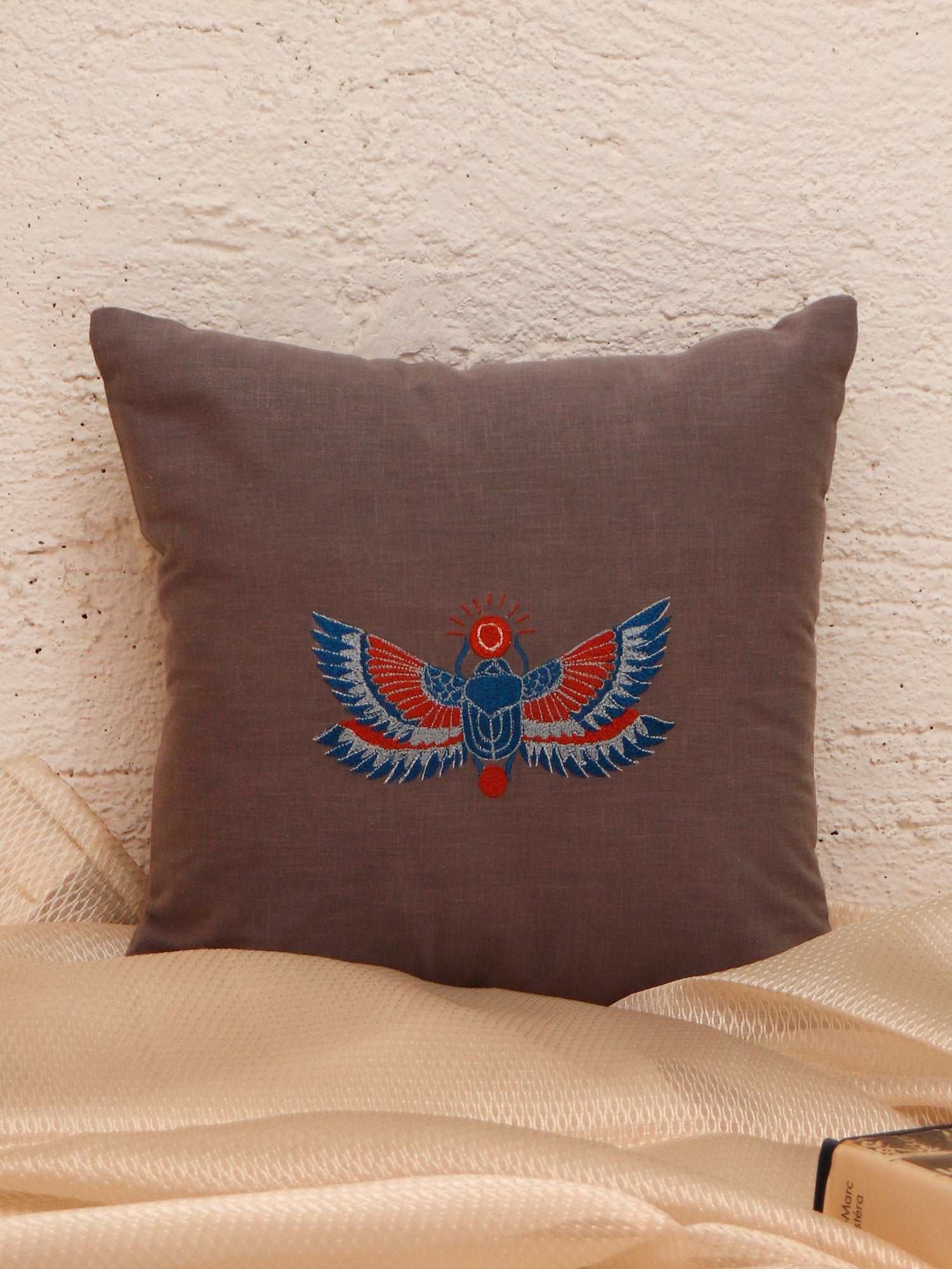 Cushion Cover Egyptian Scarab Poly Canvas Digital Print with Machine Embroidery Grey - 12" x 12"