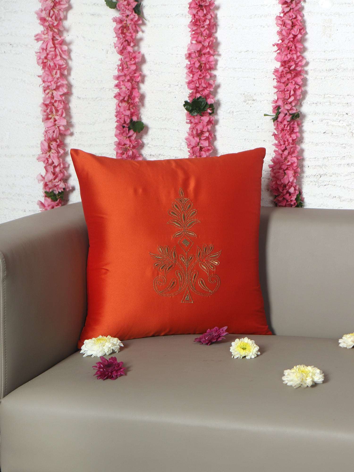 Cushion Cover for Sofa, Bed Polyester Motif Embroidery | Orange - 16x16in(40x40cm) (Pack of 1)