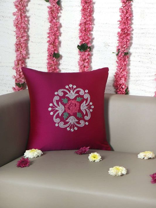 Cushion Cover for Sofa, Bed Polyester Floral Embroidery | Pink  - 16x16in(40x40cm) (Pack of 1)