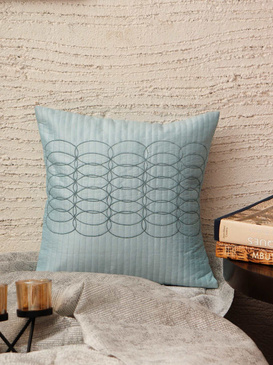 Cushion Cover Polyester Zari Embroidery with Self Quilting Sky Blue - 16"x16"