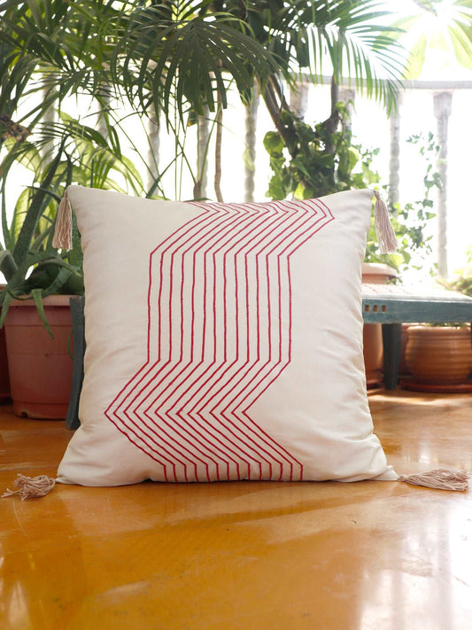 Cushion Cover Polyester Embroidery with Tassels Off White - 16" x 16"