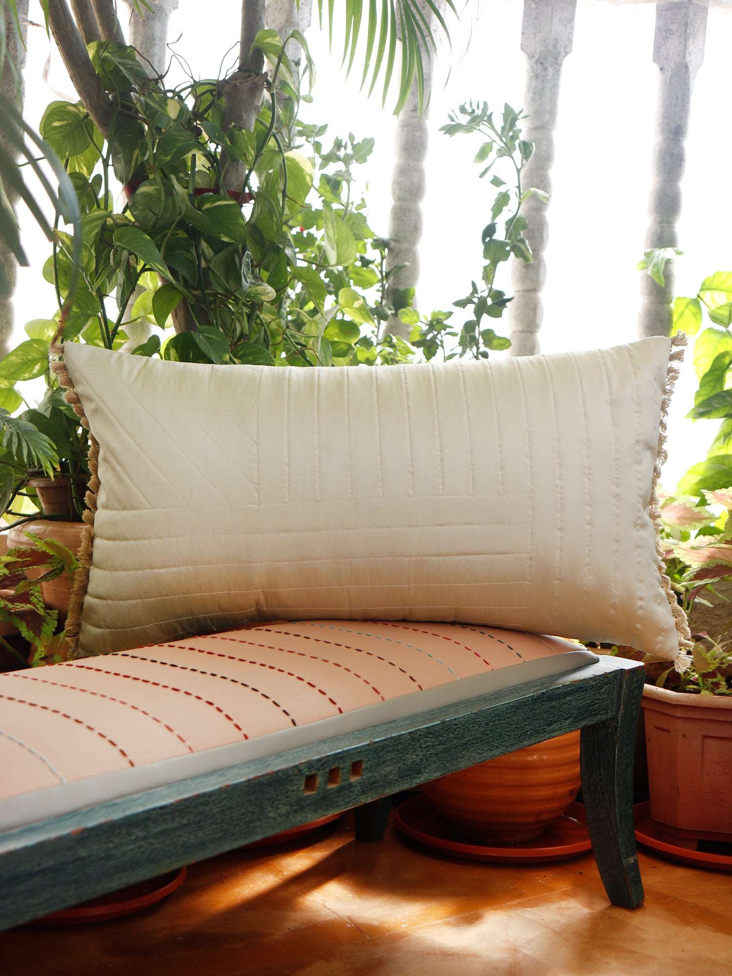 Cushion Cover Polyester Blend Quilted with Tassels Off White - 12"x 22"