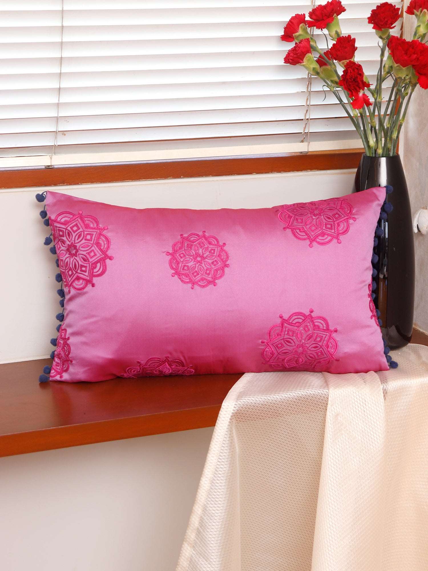 Cushion Cover Embroidered with Pom Pom Pink - 12" x 20"