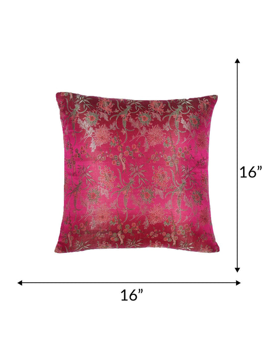 Cushion Cover for Sofa, Bed Varanasi Silk Floral Design | Pink - 16x16in(40x40cm) (Pack of 1)