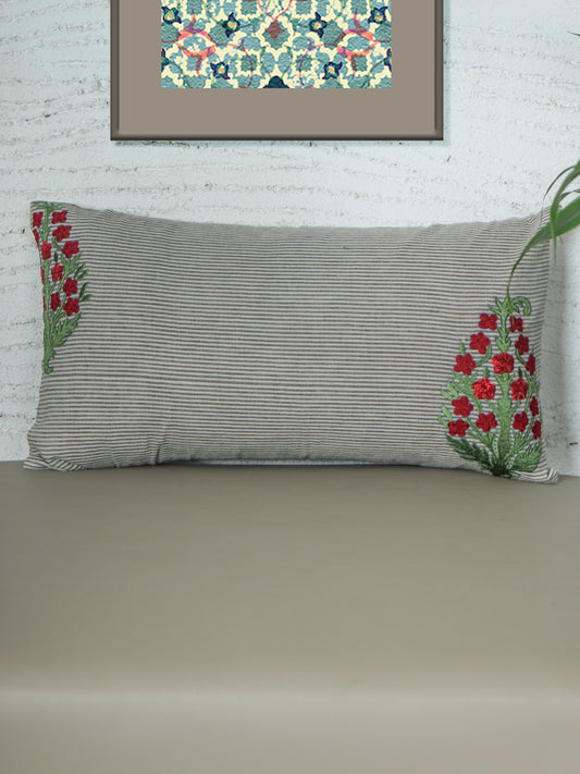 ZEBA World Rectangular Cushion Cover for Sofa - Lumbar Cushion | Stripes with Floral Hand Embroidery - Linen | Grey - 12x22in(30x55cm) (Pack of 1)