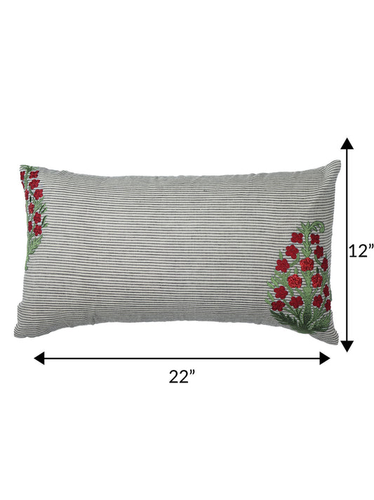 ZEBA World Rectangular Cushion Cover for Sofa - Lumbar Cushion | Stripes with Floral Hand Embroidery - Linen | Grey - 12x22in(30x55cm) (Pack of 1)