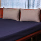 navy blue colored bed cover with 2 contrasting pillow covers made from polyester blend for queen size double bed 90x108 inch