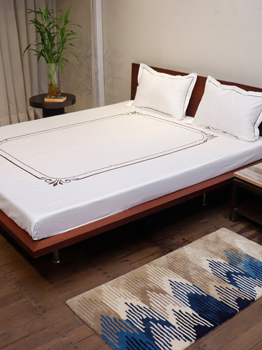 Bed Sheet with 2 Pillow Covers Cotton Embroidered White (90" X 108" ; Pillow - 17" X 27")