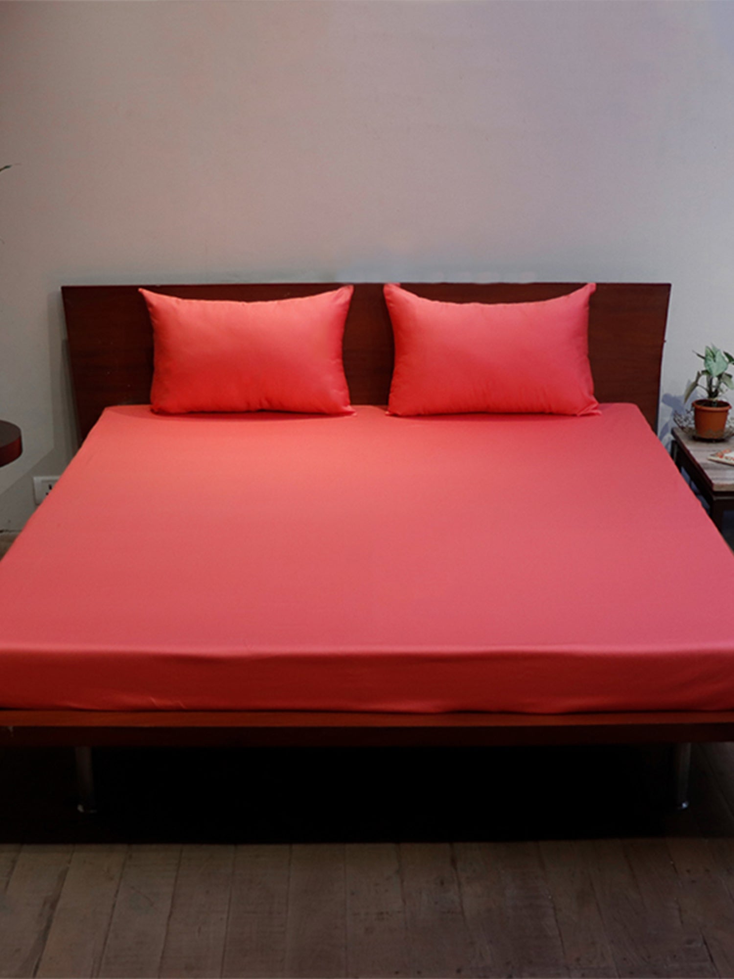 coral Pink colored plain soft bedsheet with 2 matching pillow covers made from 100% pure cotton for king size double bed in 300 thread count fabric
