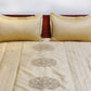 golden colored embroidered bed quilt with pintuck and 2 matching pillow covers made from polyester front and cotton backed quilt for king size double bed 