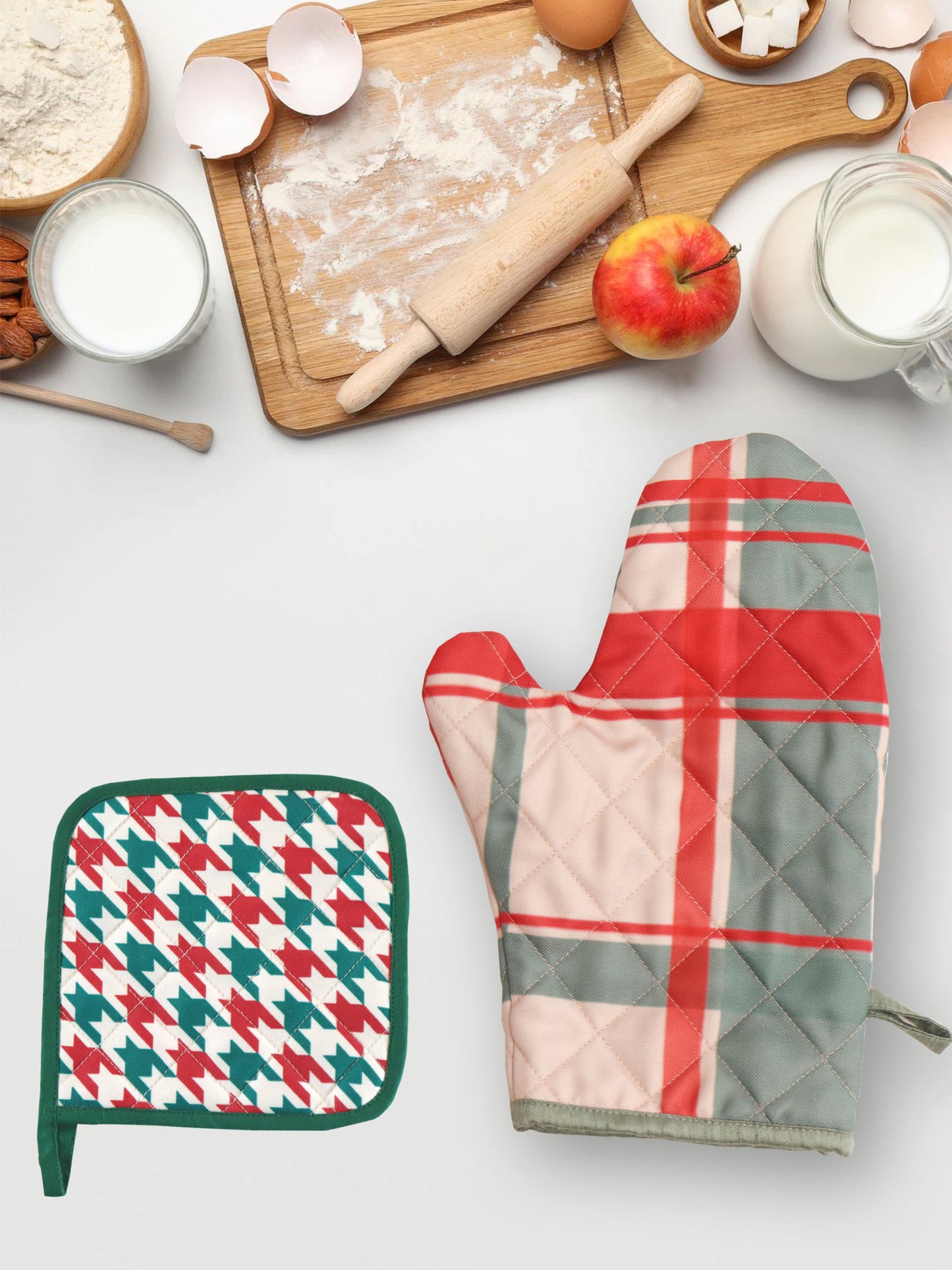 Pot Holder Checks and Floral Padded Oven Mitten - Heat Resistant - Cotton Blend Red Green - 7in x 7in, 5.5in x 10.5in