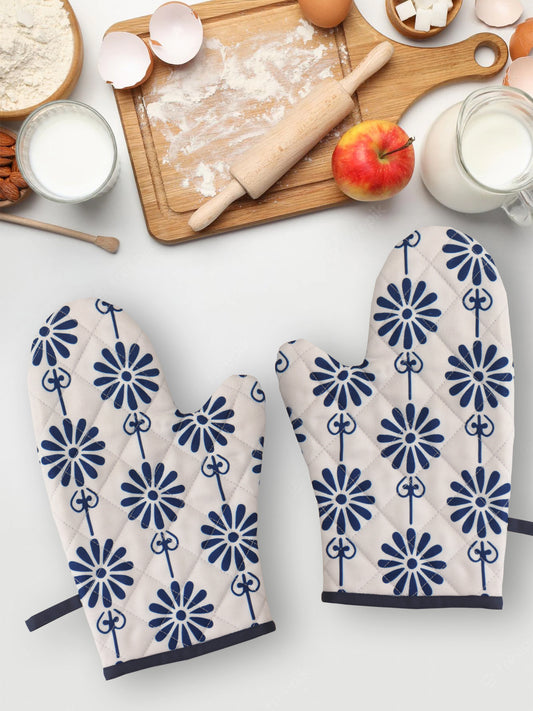 Oven Mitten (Set of 2) Padded  - Heat Resistant - Cotton Blend Floral Blue - 5.5in X 10.5in