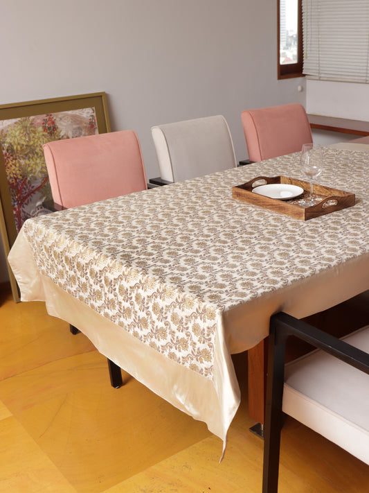 Gold colored benarasi brocade silk table cover with panel border for 6 seater table 52x84 inches