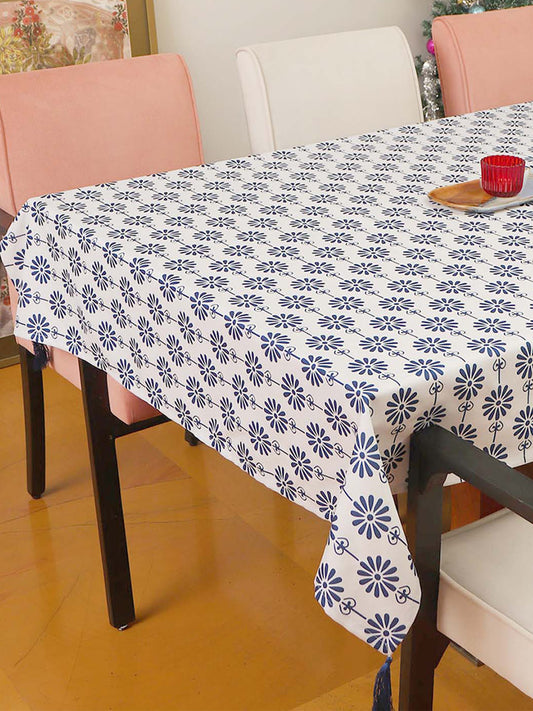 white and blue colored 6 seater floral printed table cover with tassels - 52x84inches