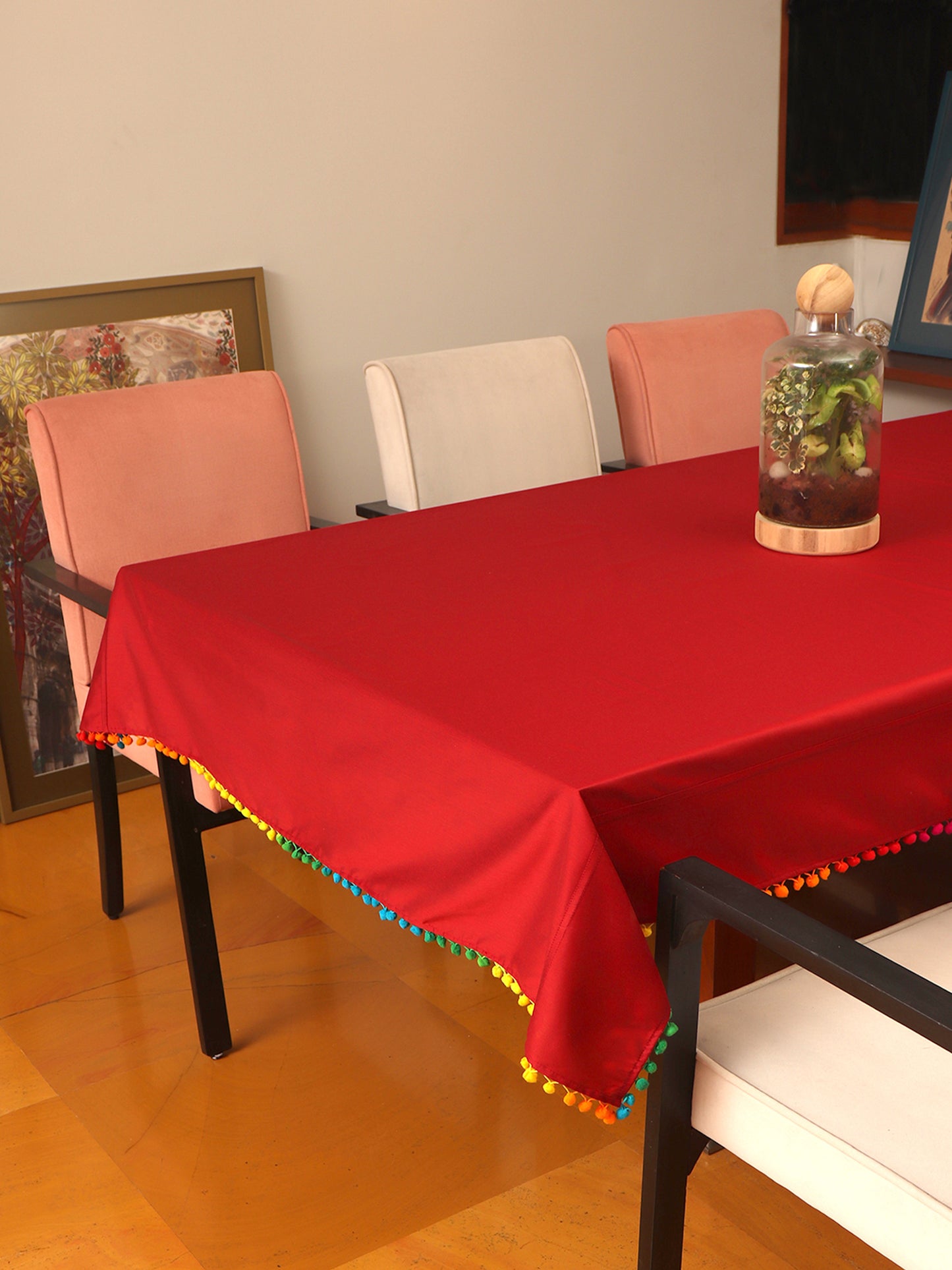 red colored 6 seater table cover with multicolored pompoms - 52x84inches