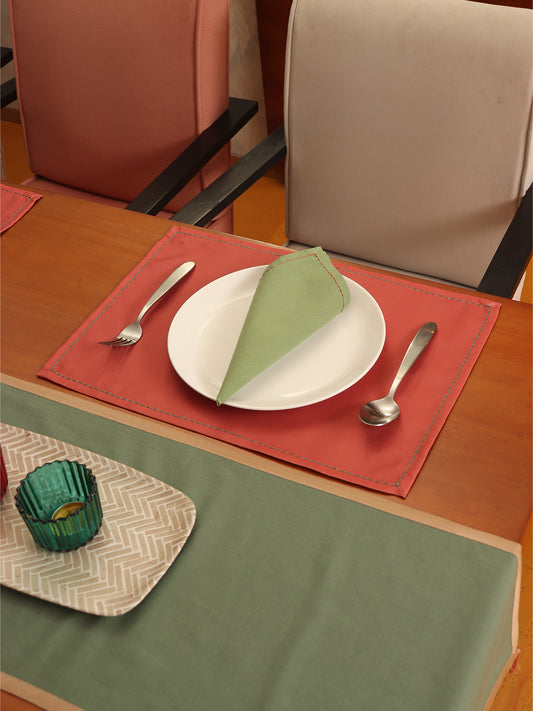 Embroidered Line Taka Mats Napkins (Set of 6 each) Cotton Blend Coral Green - 13x18in, 16x16in