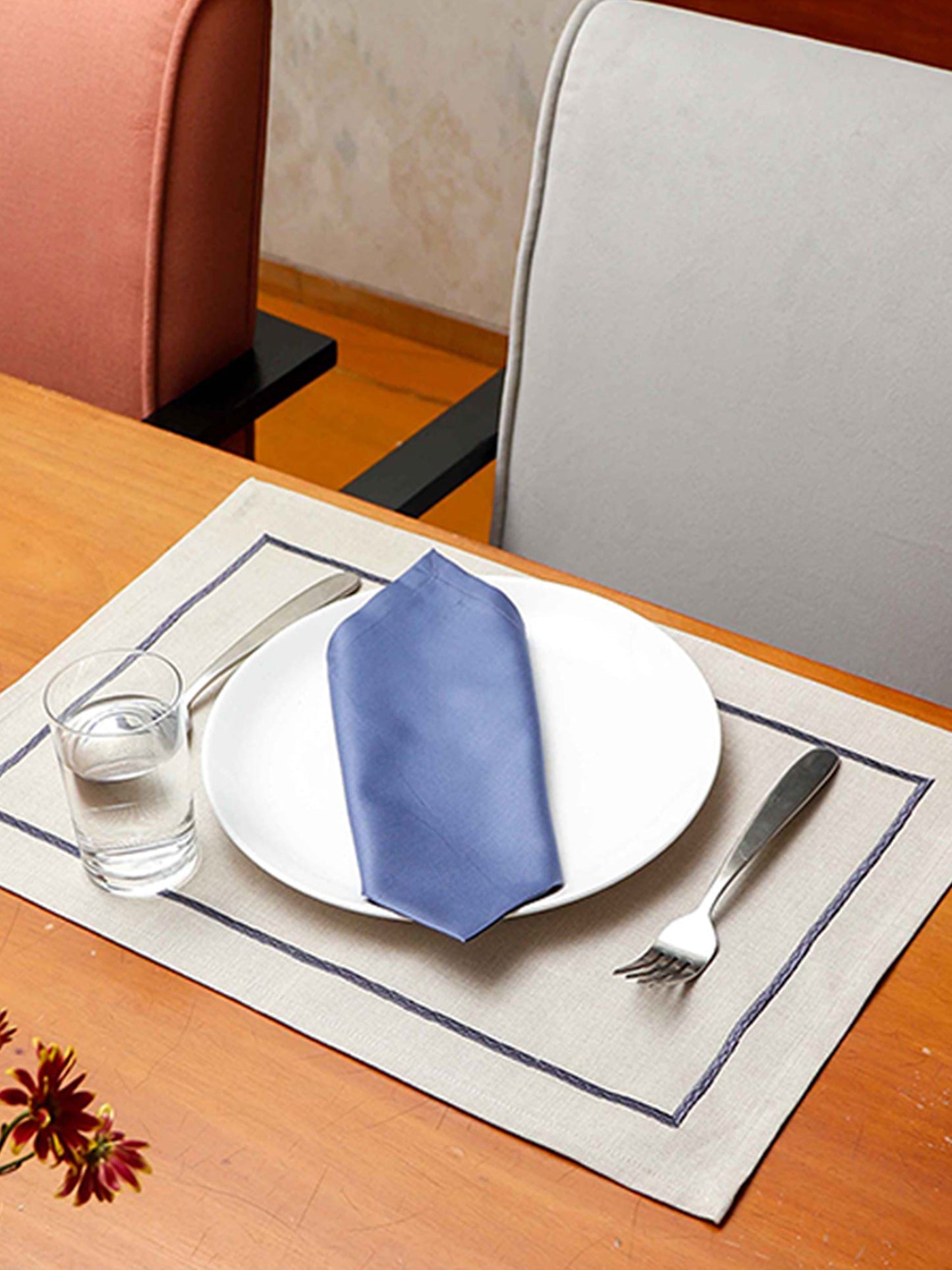 Table Mats and Napkins  100% Cotton Self Textured Blue and Beige - 13" x 19" ; 16" x 16" - Set of 6