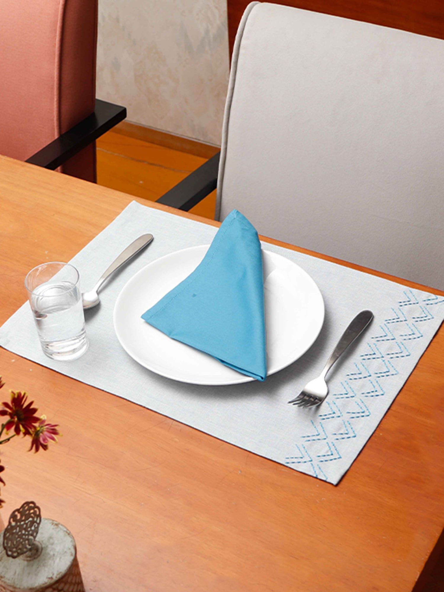 hand embroidered dinner table placemats and napkins in blue shades - 13x19 inch 