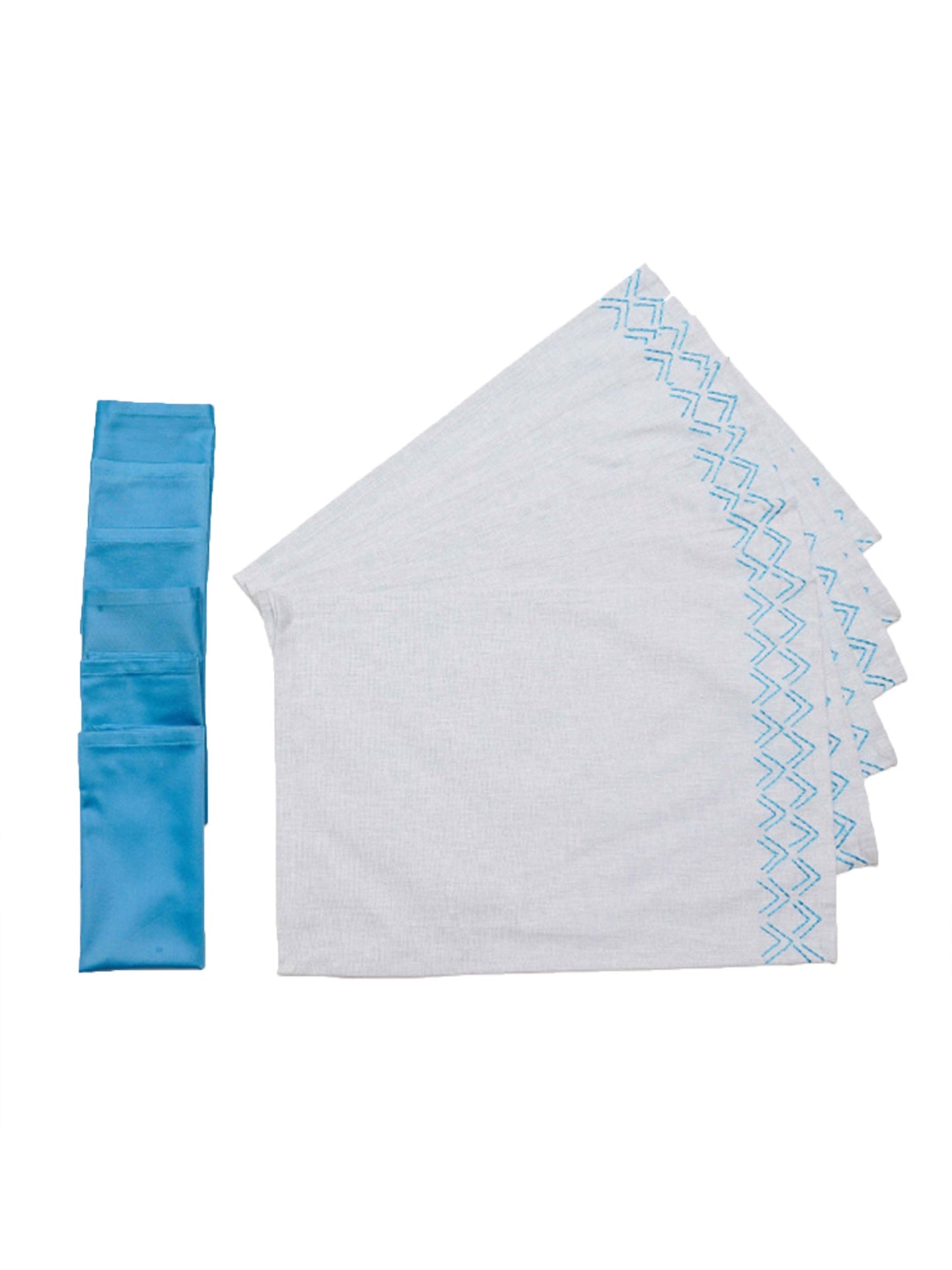 Table Mats and Napkins 100% Cotton Embroidered Light Blue and Aqua - 13" x 19" ; 16" x 16" - Set of 6