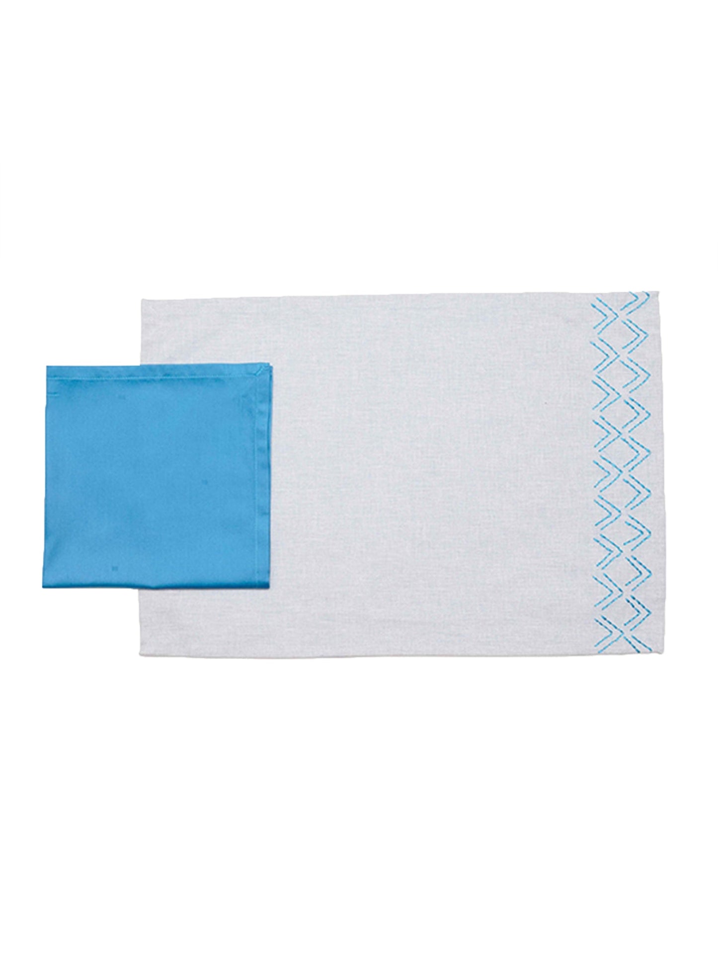 Table Mats and Napkins 100% Cotton Embroidered Light Blue and Aqua - 13" x 19" ; 16" x 16" - Set of 6