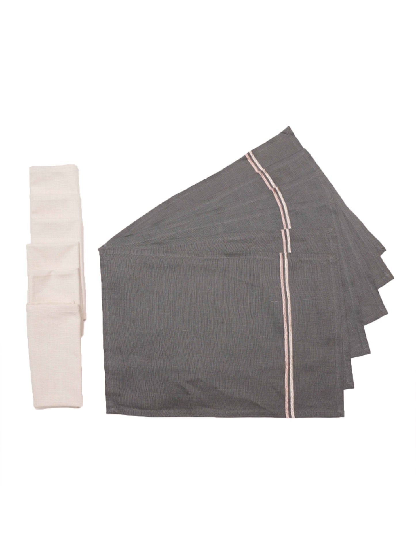 Table Mats and Napkins  Cotton Embroidered Dark Grey and Off-White - 13" x 19" ; 16" x 16" - Set of 6