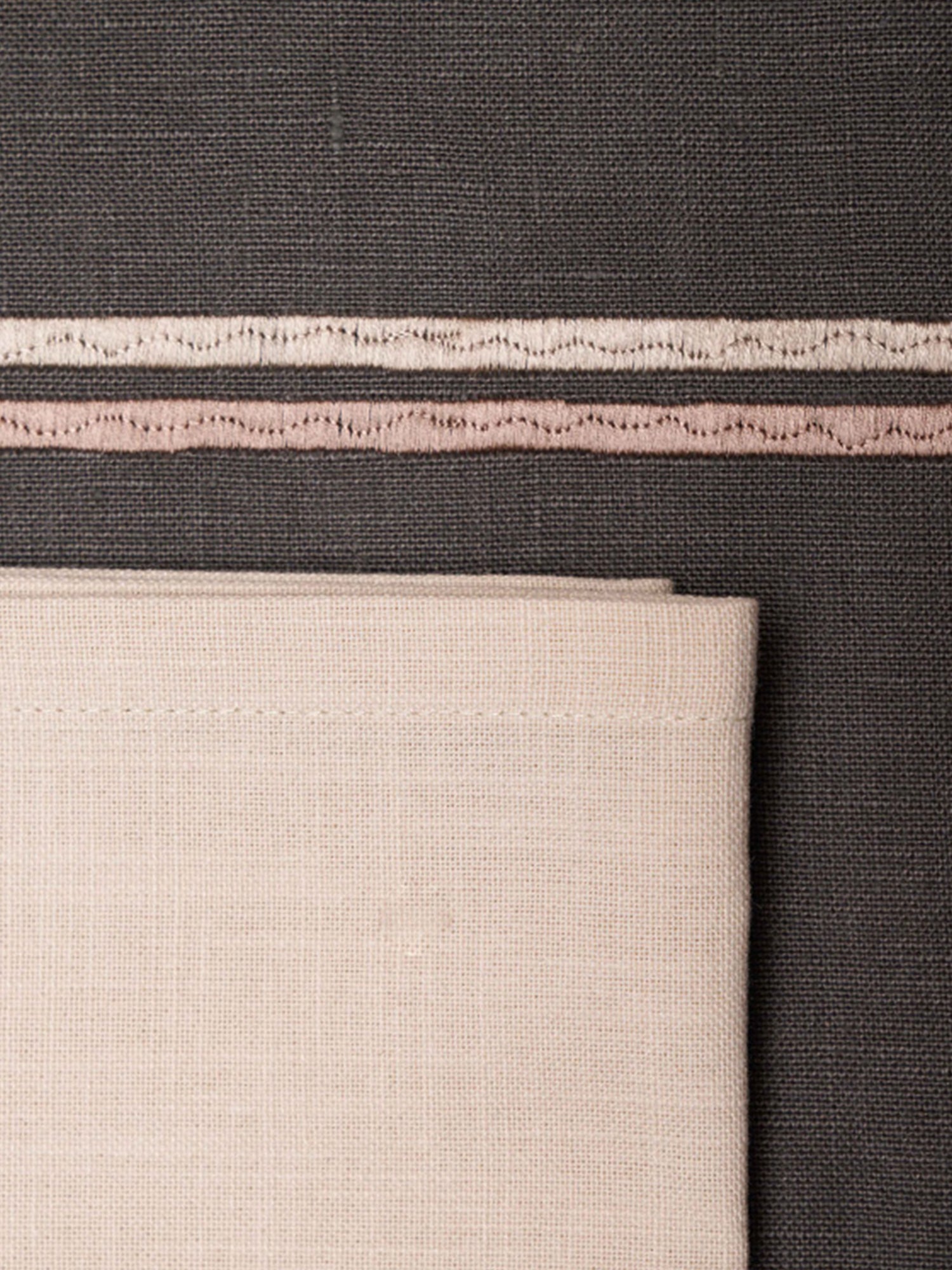 closeup of embroidered placemats and napkins set in dark gray with rose gold and silver embroidery - set of 6 - 13x19 inch