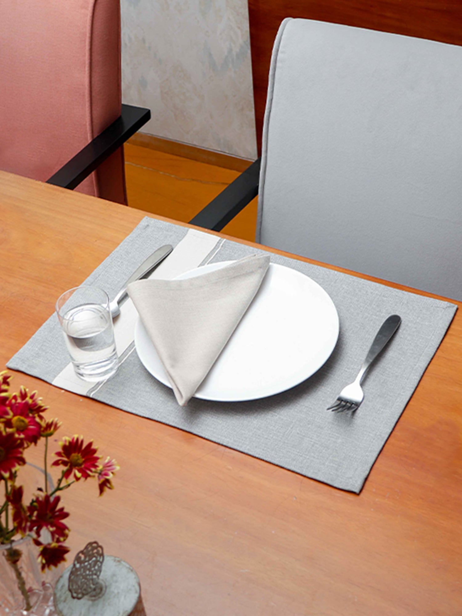 Table Mats and Napkins Cotton Striped Grey and Beige - 13" x 19" ; 16" x 16" - Set of 6