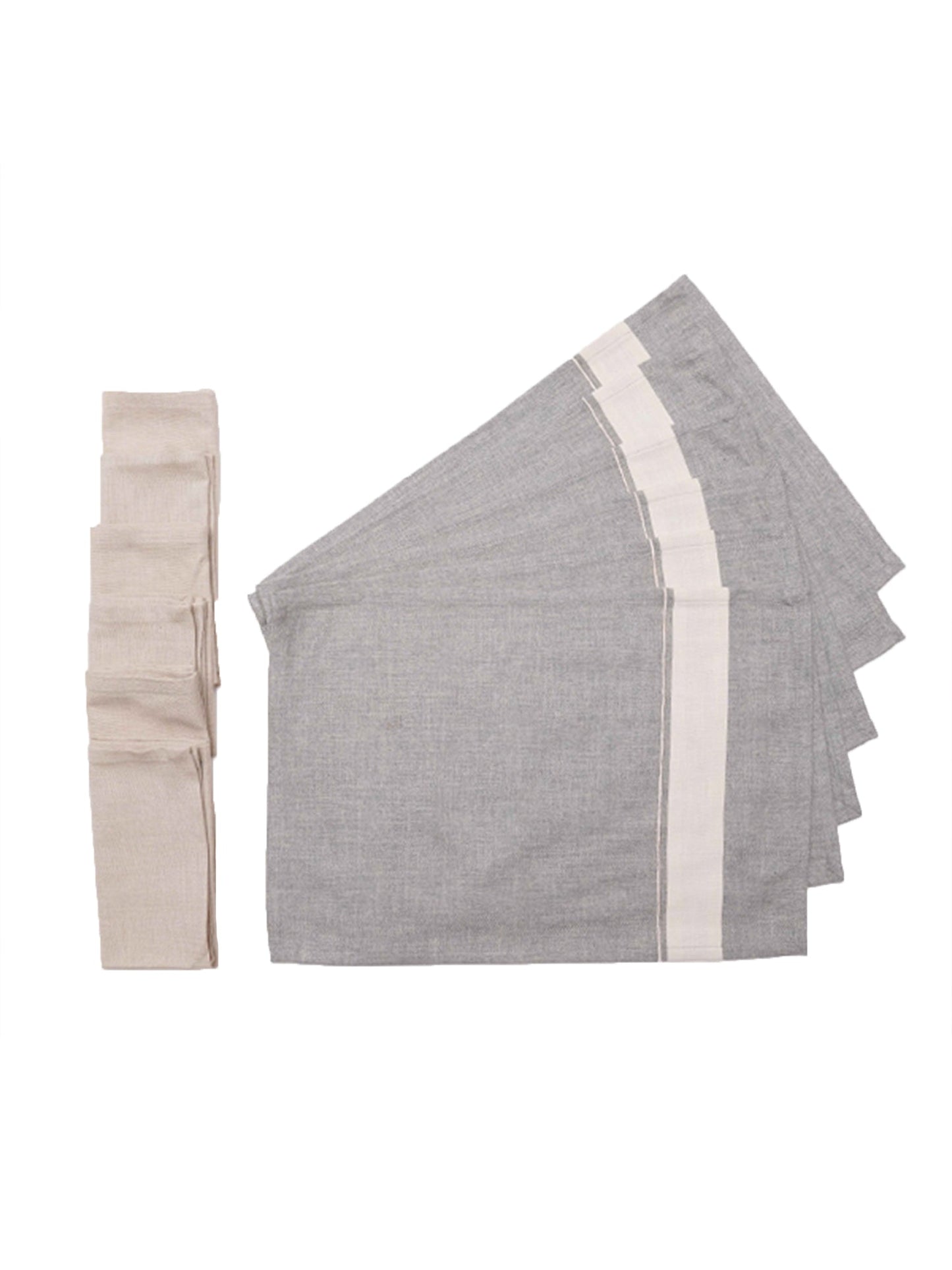 Table Mats and Napkins  Cotton Striped Grey and Beige - 13" x 19" ; 16" x 16" - Set of 6