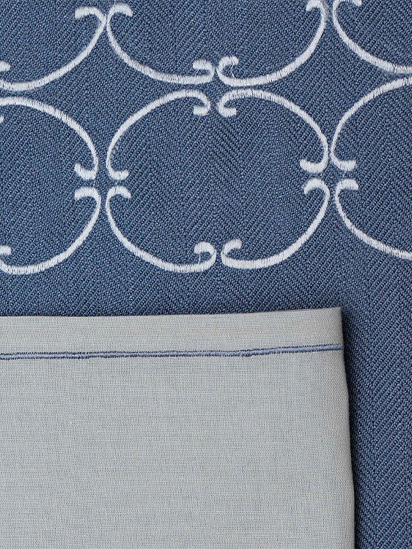 closeup of embroidered dinner table placemats and embroidered napkins set of 6 each in blue shades - 13x19 inch 