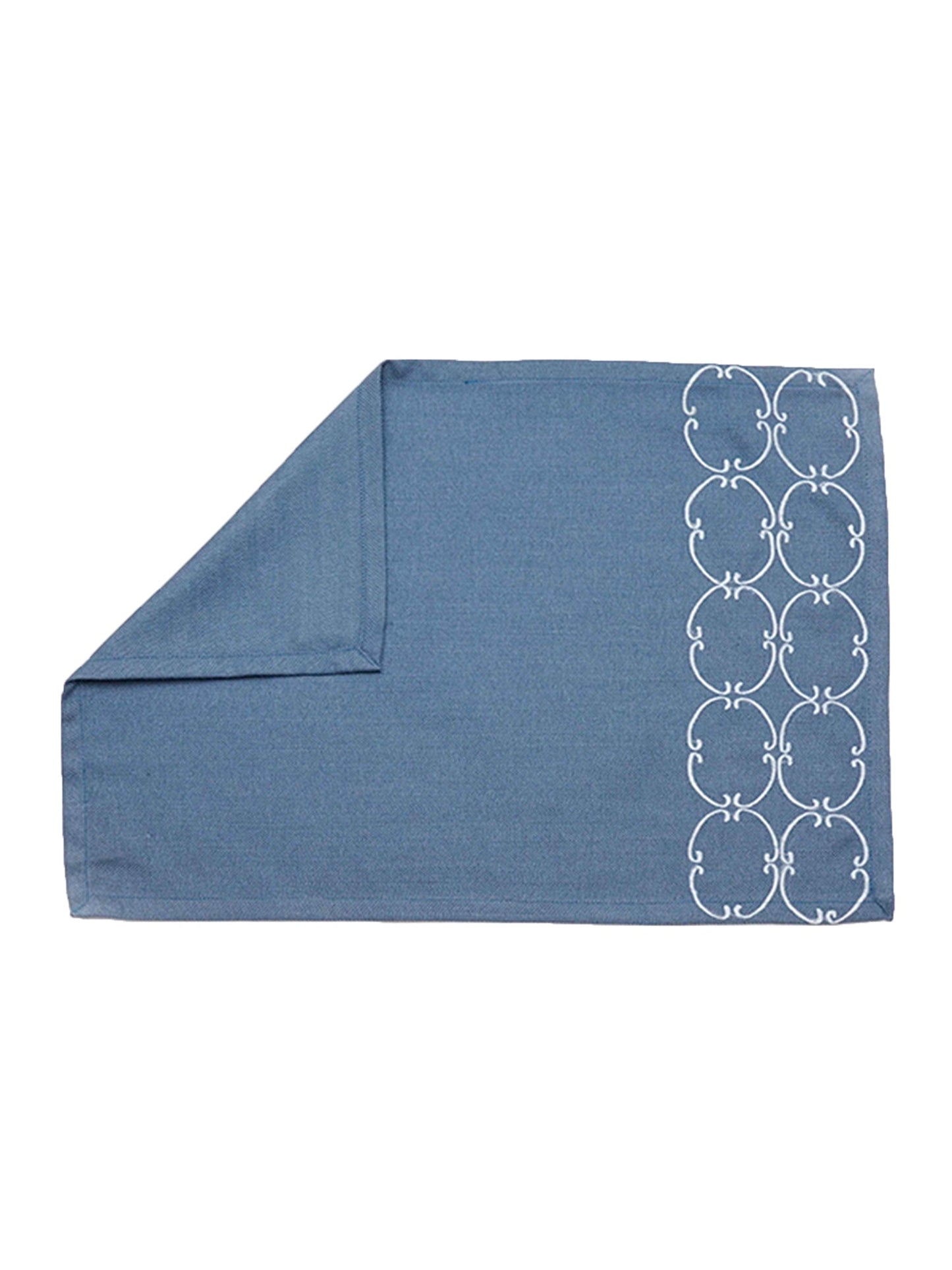 Table Mats and Napkins  Polyester and Cotton Embroidered Blue and Duck Egg Blue - 13" x 19" ; 16" x 16" - Set of 6