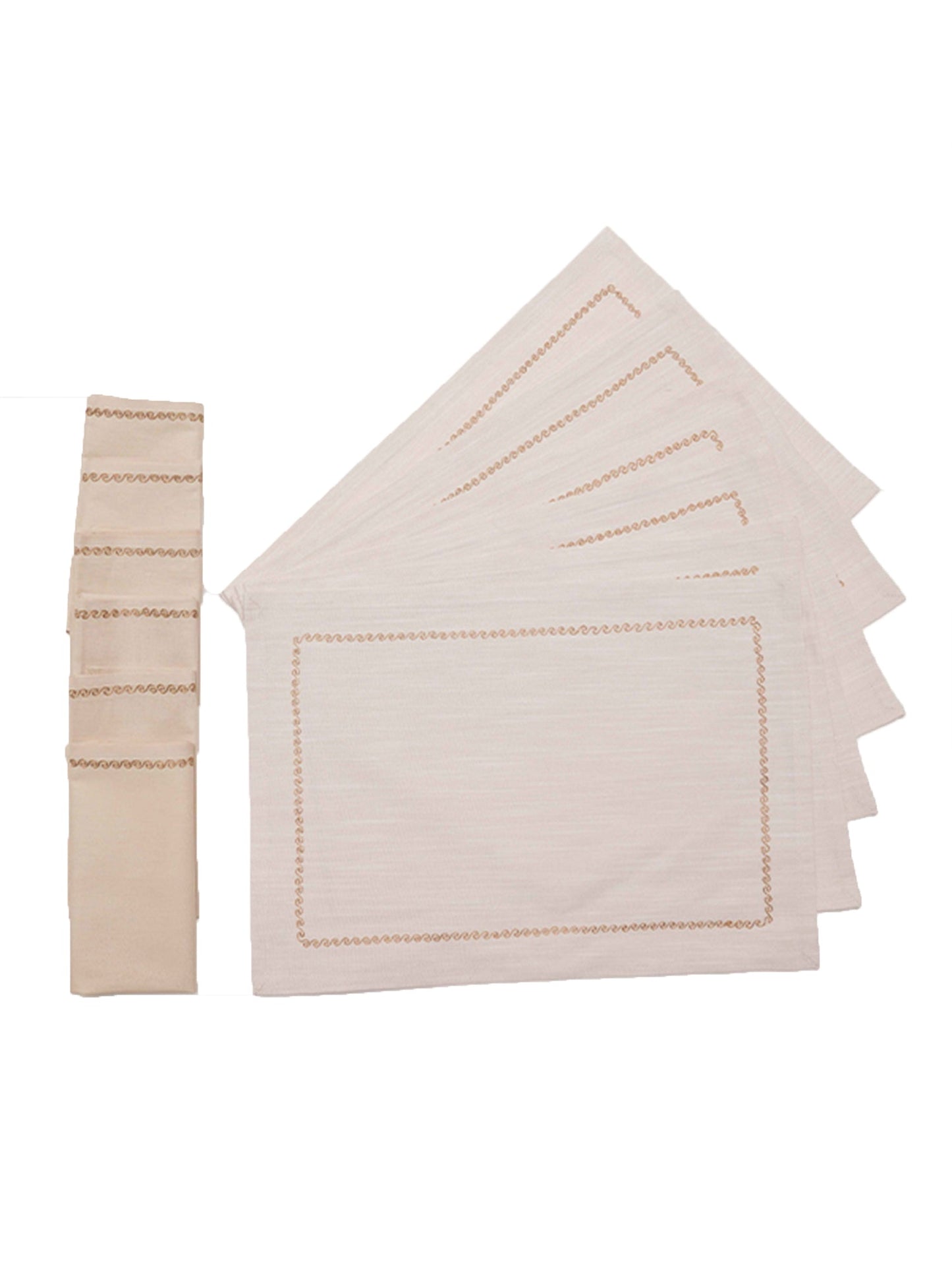 Table Mats and Napkins  Cotton Embroidered Off-White and Light Beige - 13" x 19" ; 16" x 16" - Set of 6