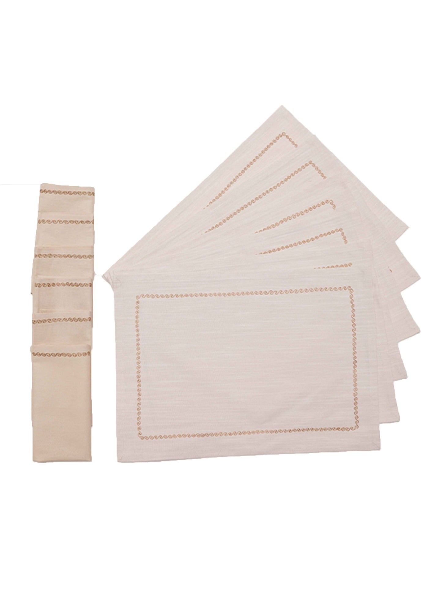 wavy pattern embroidered dinner table placemats and matching embroidered napkins in offwhite  - 13x19 inch 